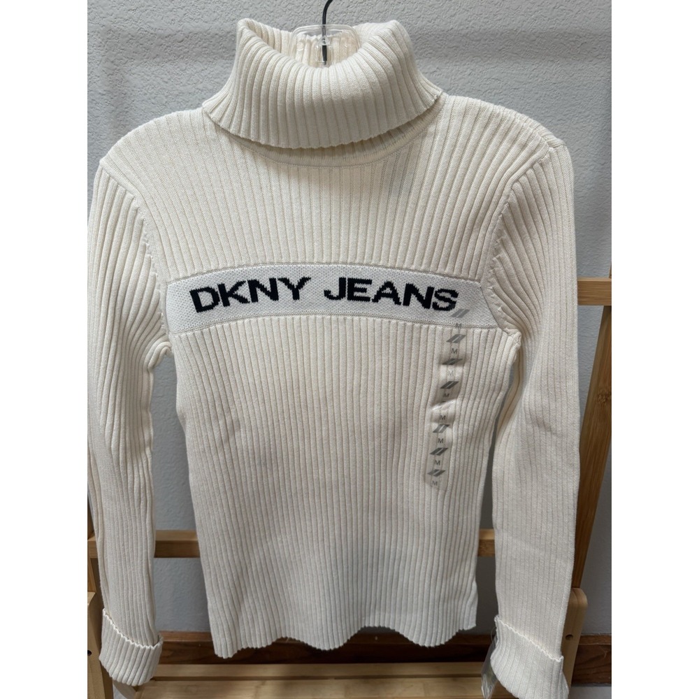 DKNY JEANS Ivory Ribbed Knit Turtleneck Pullover Sweater Long Sleeve Women Y2K